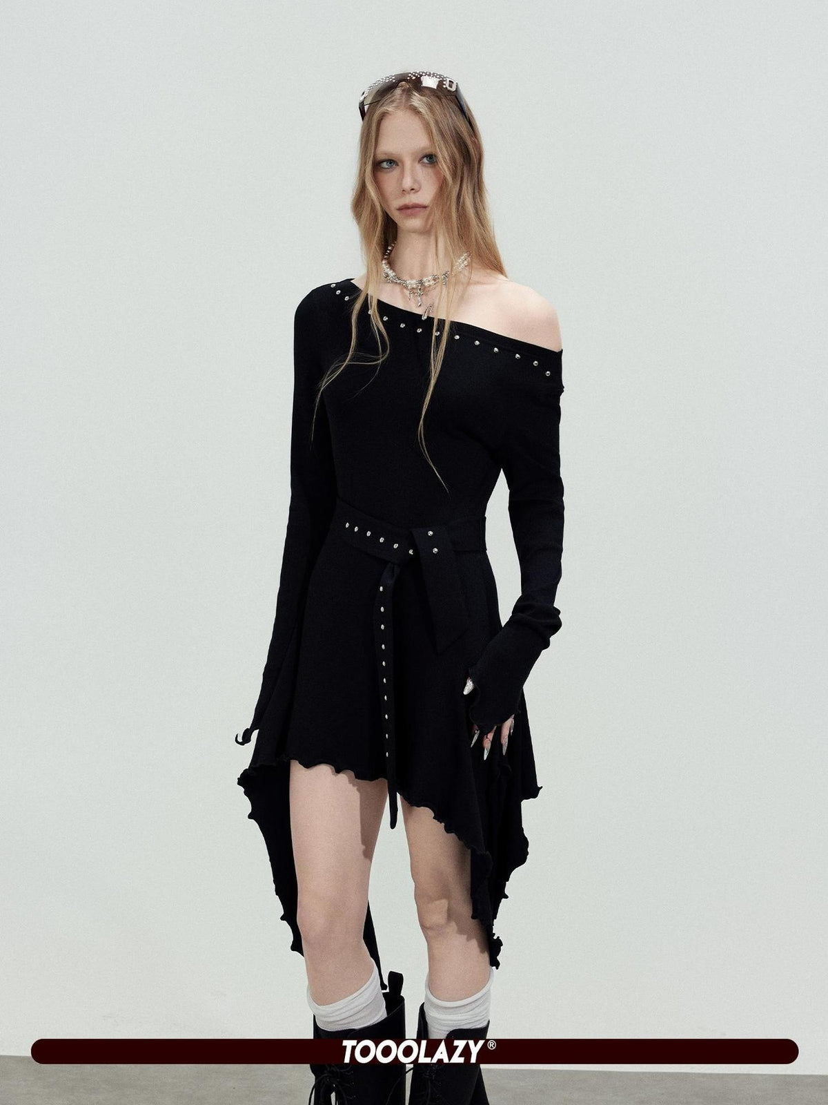 TOOOLAZY Asymmetric Studded Ribbon Rhinestone Women's Cotton Off-shoulder Midi Dresses