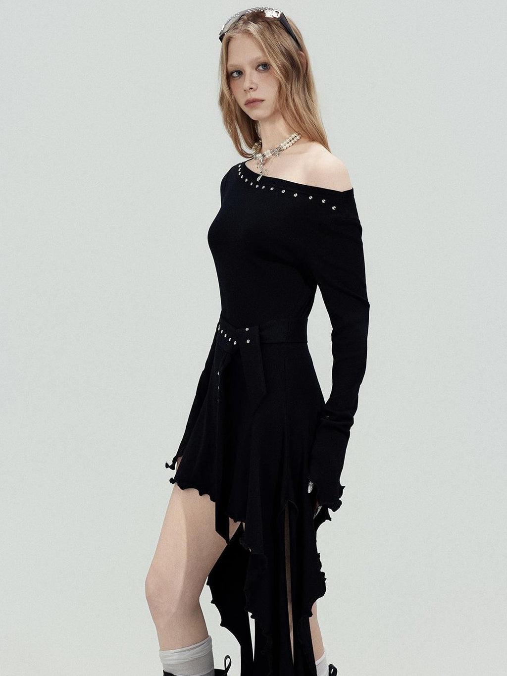 TOOOLAZY Asymmetric Studded Ribbon Rhinestone Women's Cotton Off-shoulder Midi Dresses