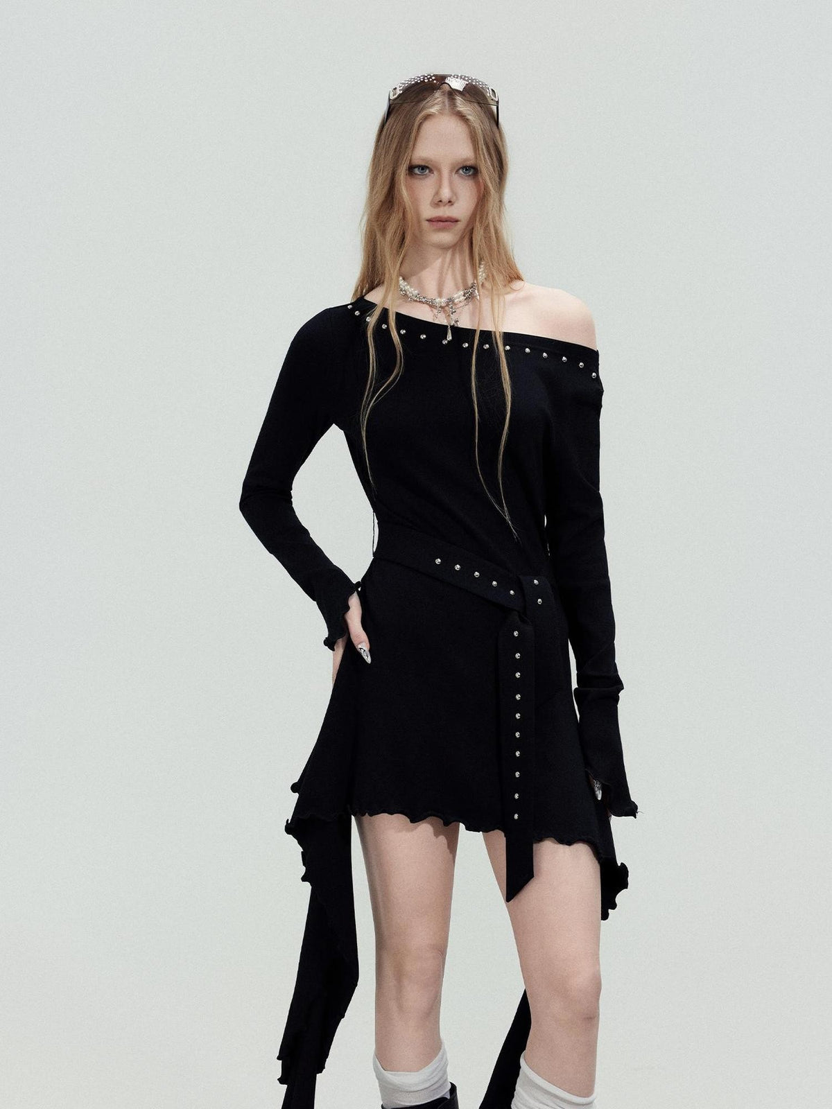 TOOOLAZY Asymmetric Studded Ribbon Rhinestone Women's Cotton Off-shoulder Midi Dresses