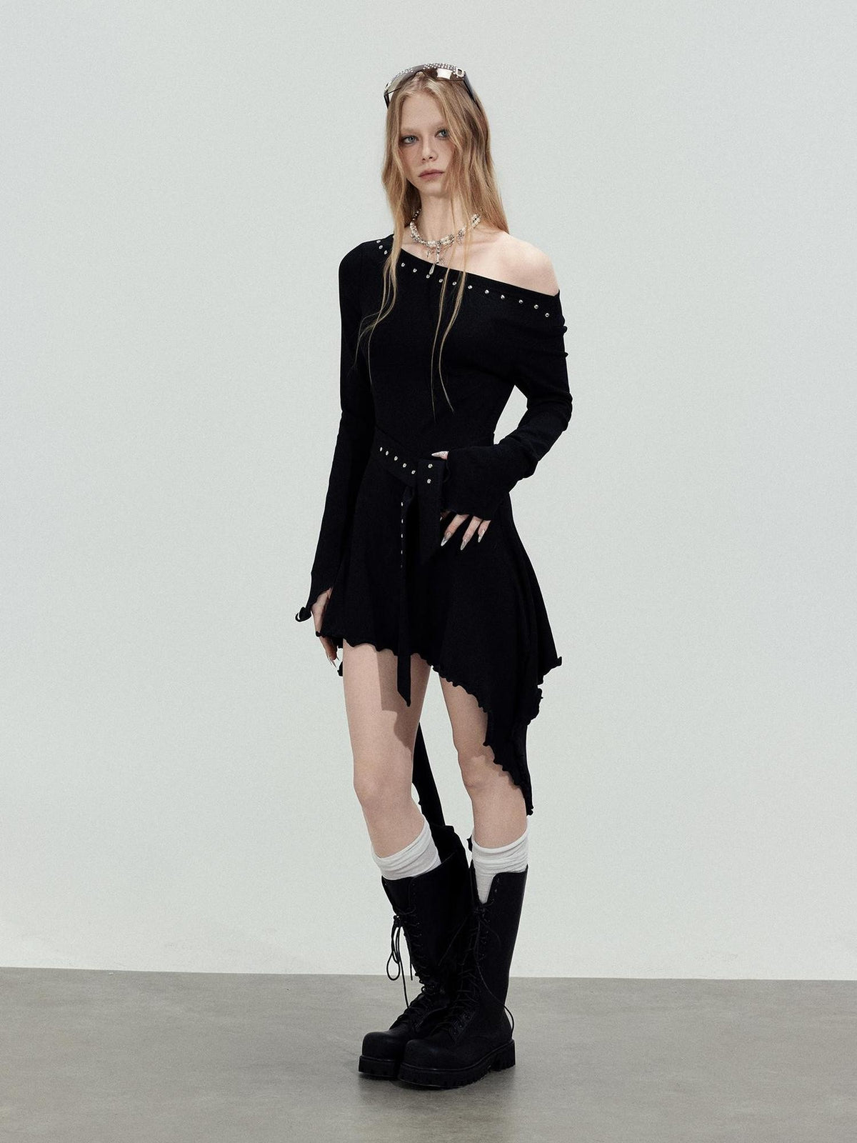 TOOOLAZY Asymmetric Studded Ribbon Rhinestone Women's Cotton Off-shoulder Midi Dresses