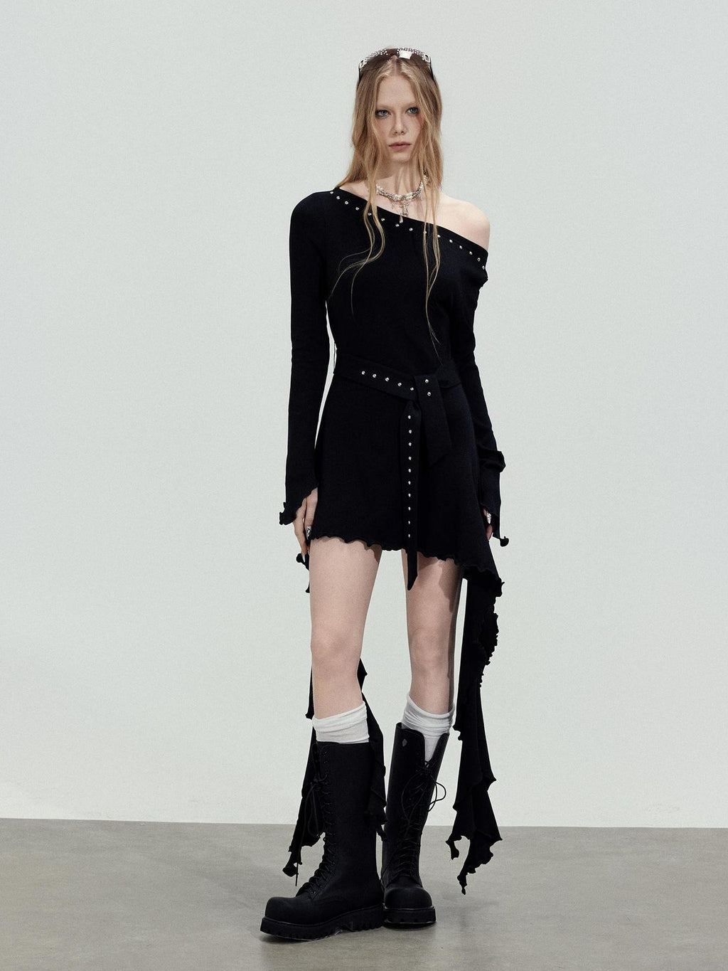 TOOOLAZY Asymmetric Studded Ribbon Rhinestone Women's Cotton Off-shoulder Midi Dresses