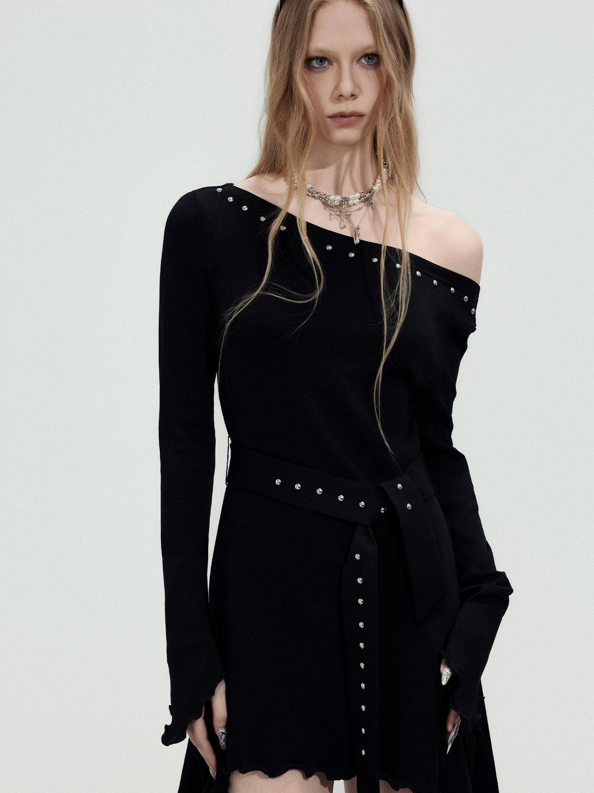 TOOOLAZY Asymmetric Studded Ribbon Rhinestone Women's Cotton Off-shoulder Midi Dresses