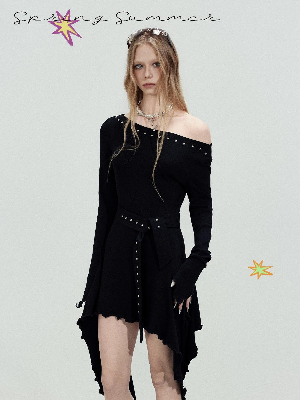 TOOOLAZY Asymmetric Studded Ribbon Rhinestone Women's Cotton Off-shoulder Midi Dresses