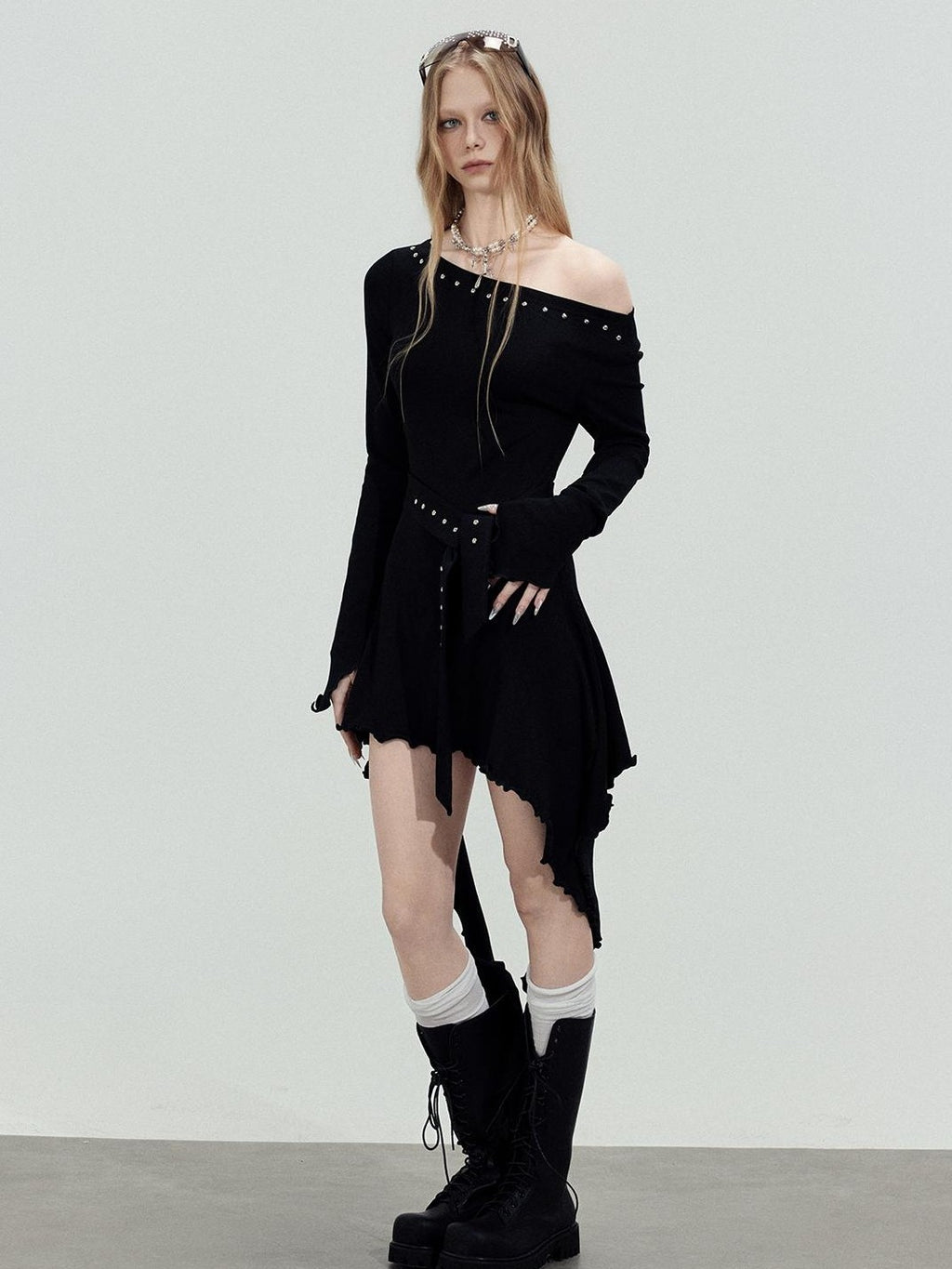 TOOOLAZY Asymmetric Studded Ribbon Rhinestone Women's Cotton Off-shoulder Midi Dresses