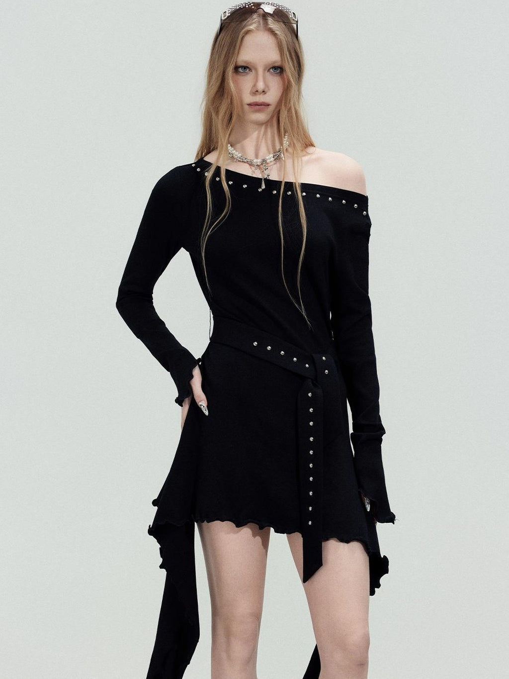 TOOOLAZY Asymmetric Studded Ribbon Rhinestone Women's Cotton Off-shoulder Midi Dresses