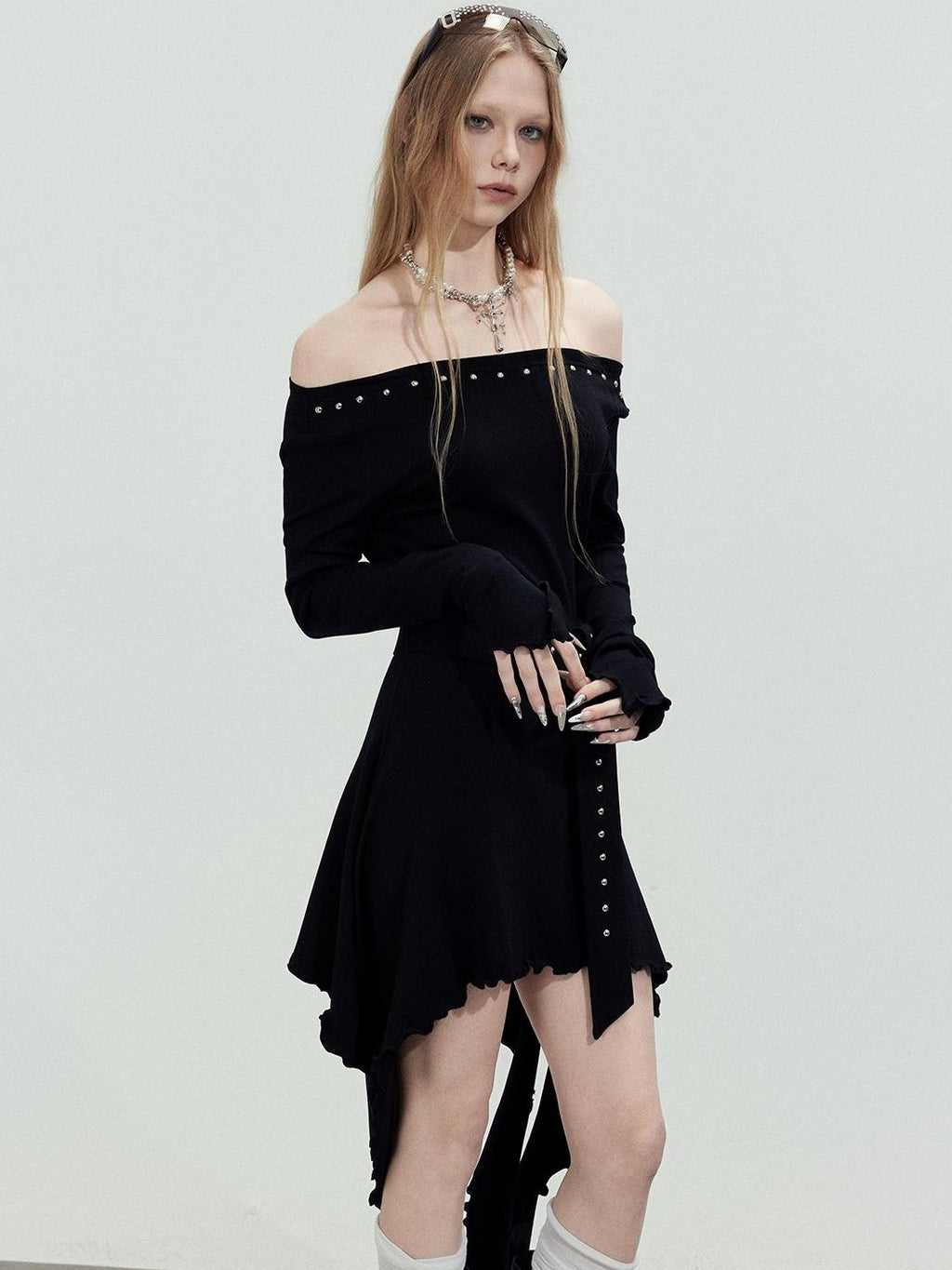 TOOOLAZY Asymmetric Studded Ribbon Rhinestone Women's Cotton Off-shoulder Midi Dresses