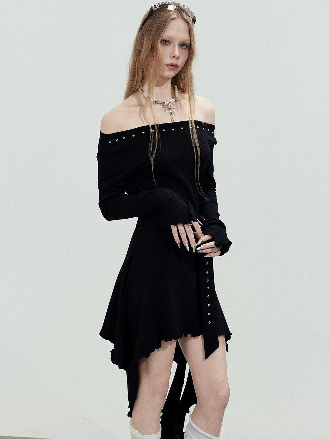 TOOOLAZY Asymmetric Studded Ribbon Rhinestone Women's Cotton Off-shoulder Midi Dresses