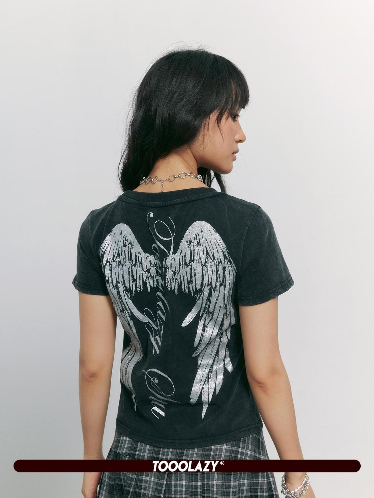 TOOOLAZY Black Angel Wing Letter Print Women's 100 Percent Cotton Short Sleeve T-shirts