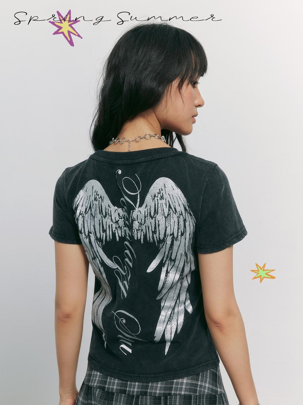 TOOOLAZY Black Angel Wing Letter Print Women's 100 Percent Cotton Short Sleeve T-shirts