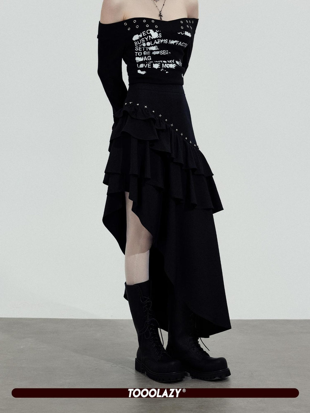 TOOOLAZY Black Asymmetric Slim Fit Mid Waist Women's Other Fabric Maxi Skirts