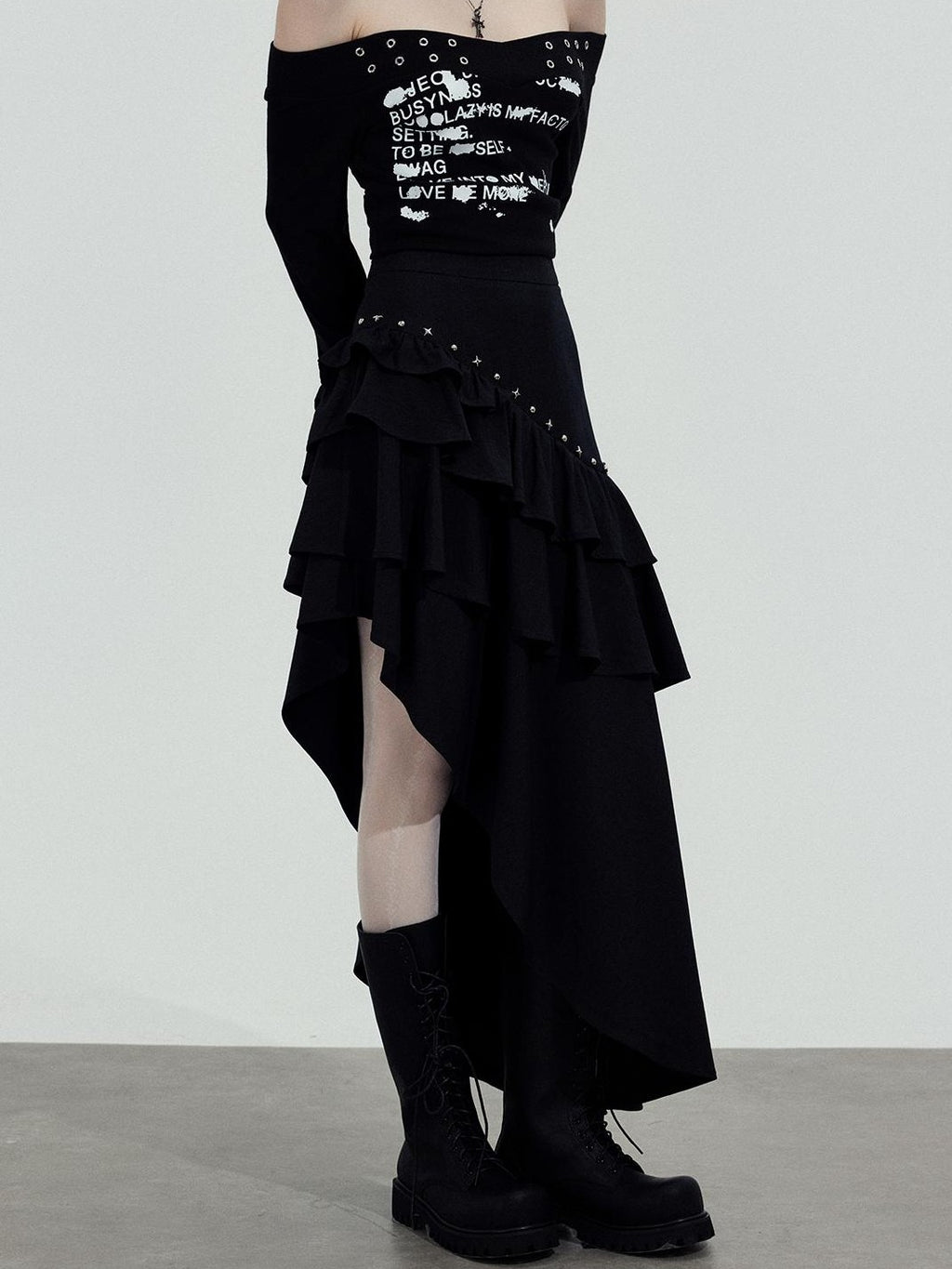 TOOOLAZY Black Asymmetric Slim Fit Mid Waist Women's Other Fabric Maxi Skirts