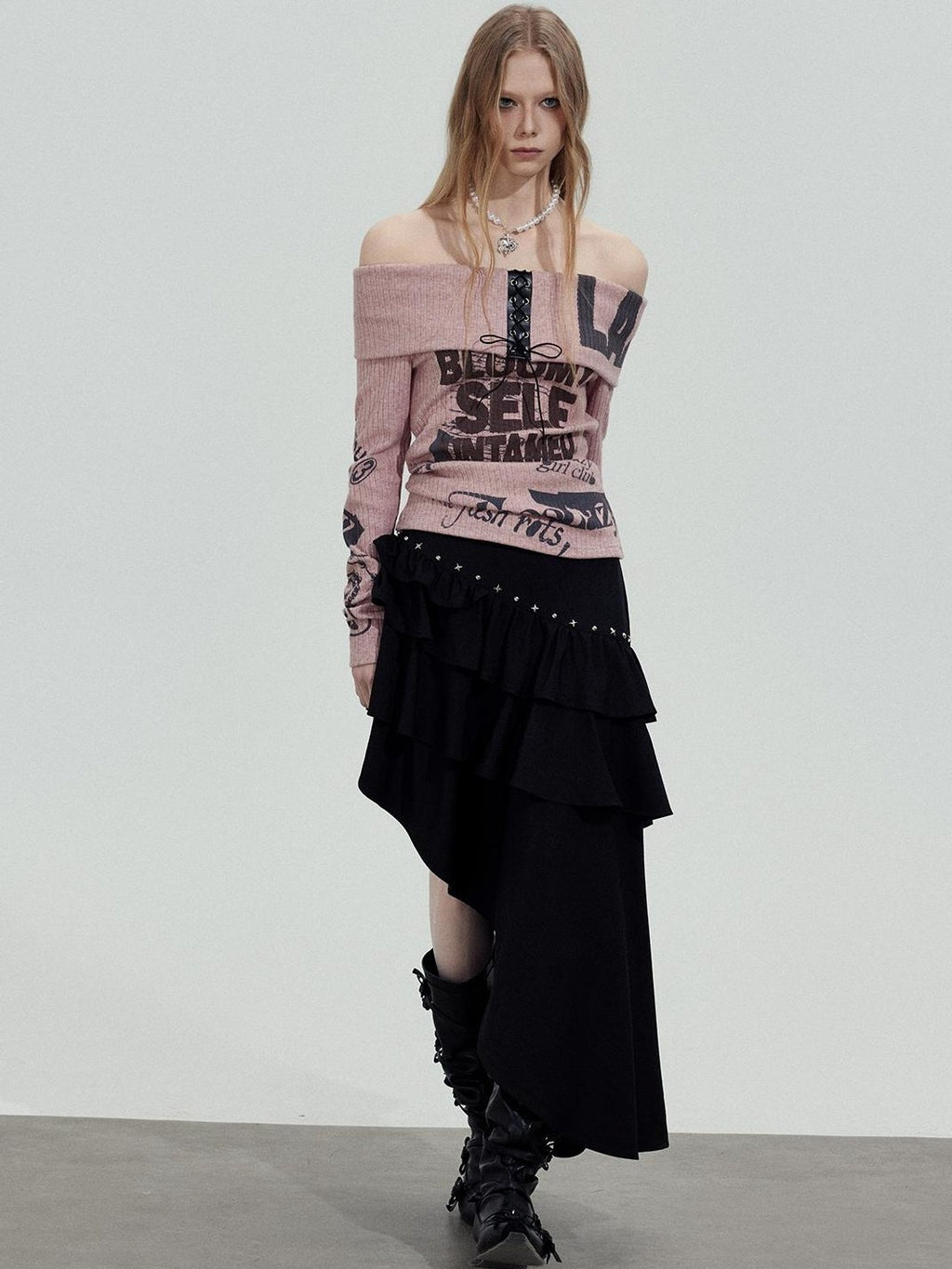 TOOOLAZY Black Asymmetric Slim Fit Mid Waist Women's Other Fabric Maxi Skirts