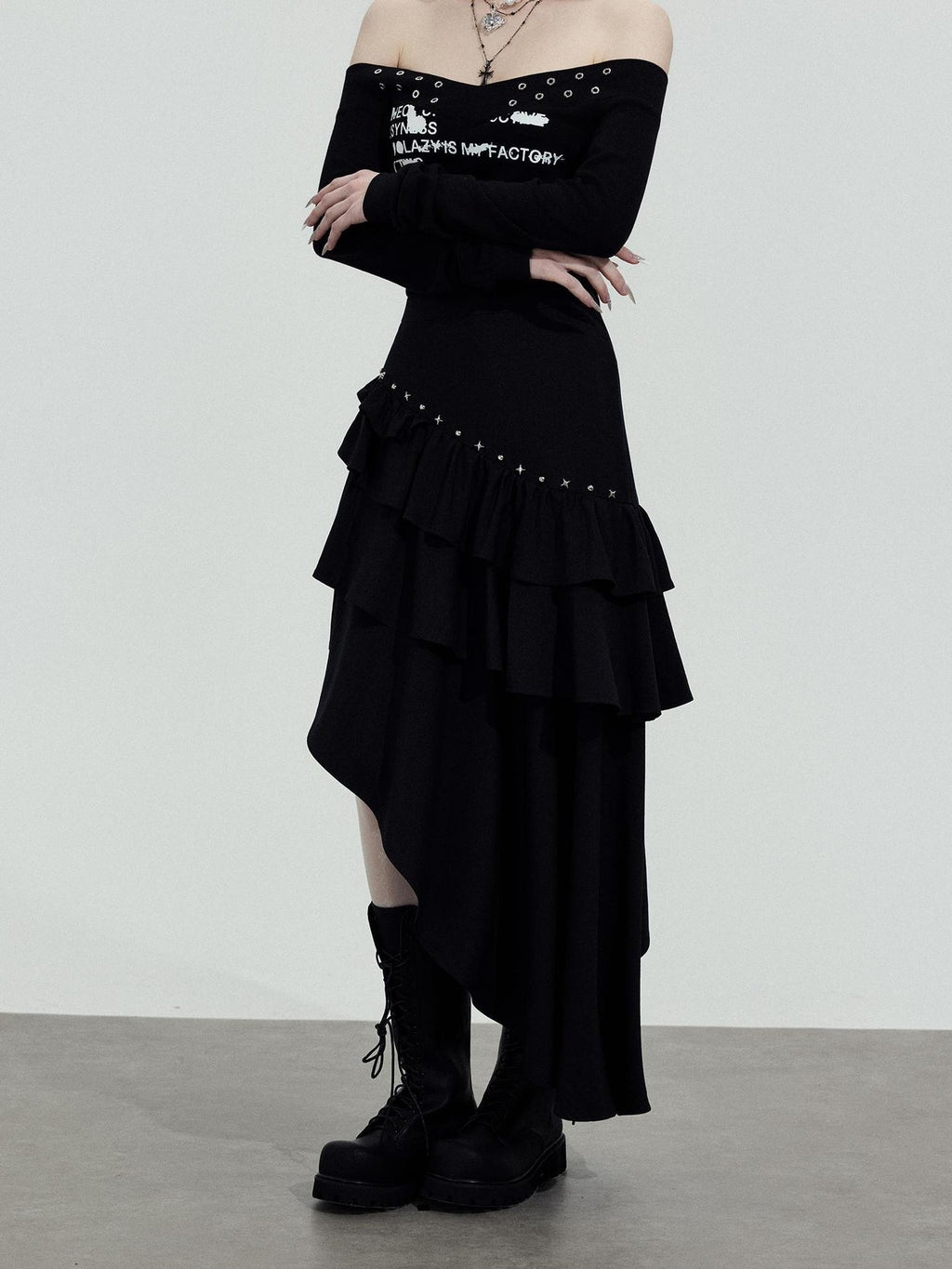 TOOOLAZY Black Asymmetric Slim Fit Mid Waist Women's Other Fabric Maxi Skirts