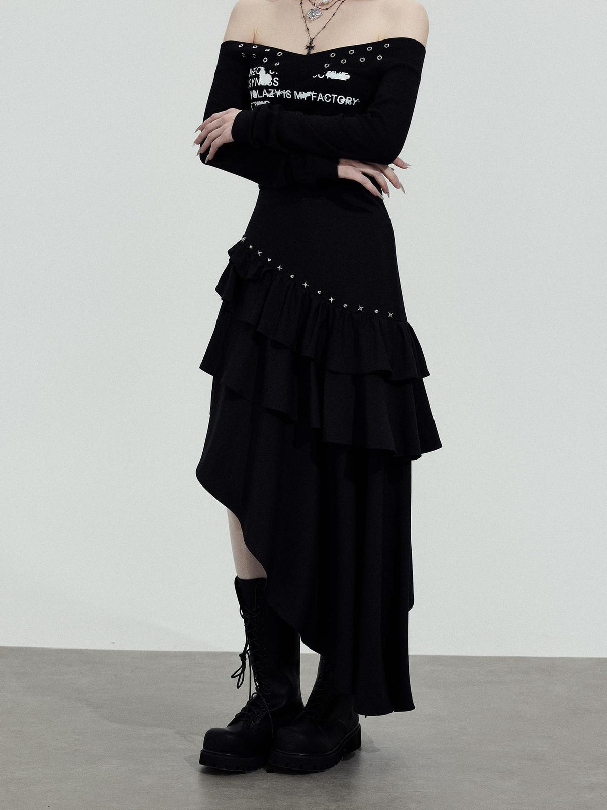 TOOOLAZY Black Asymmetric Slim Fit Mid Waist Women's Other Fabric Maxi Skirts