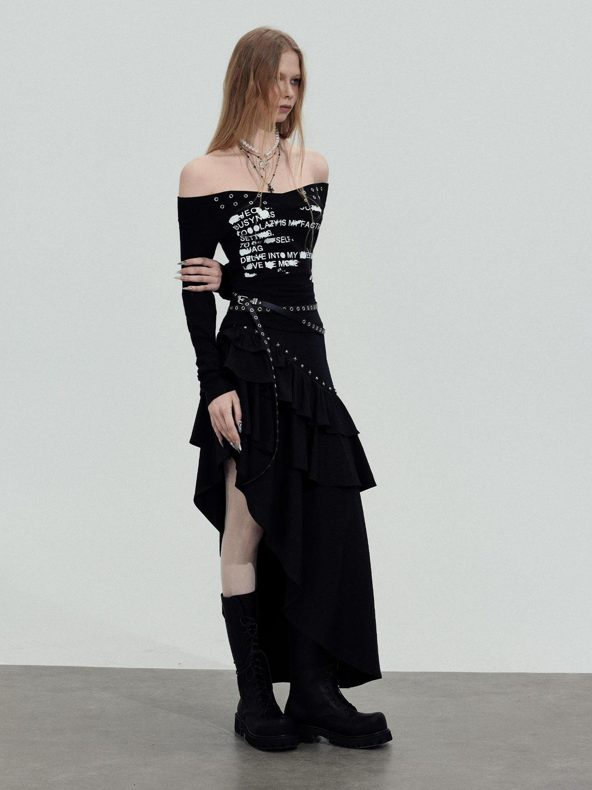 TOOOLAZY Black Asymmetric Slim Fit Mid Waist Women's Other Fabric Maxi Skirts
