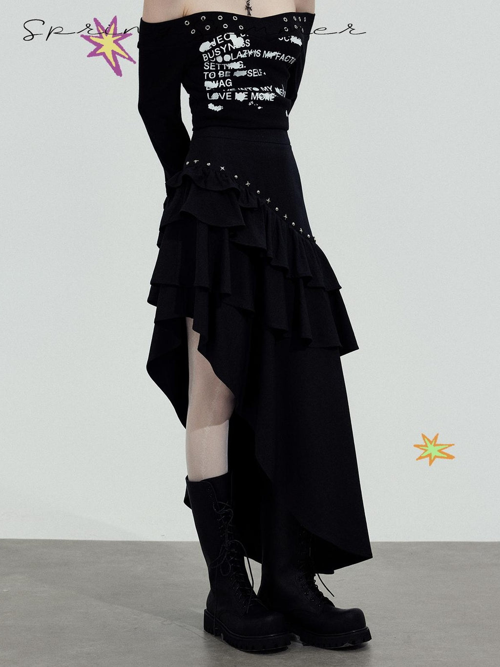TOOOLAZY Black Asymmetric Slim Fit Mid Waist Women's Other Fabric Maxi Skirts
