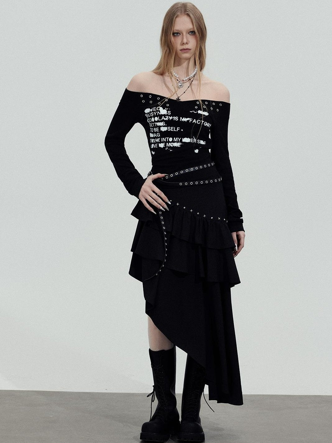 TOOOLAZY Black Asymmetric Slim Fit Mid Waist Women's Other Fabric Maxi Skirts