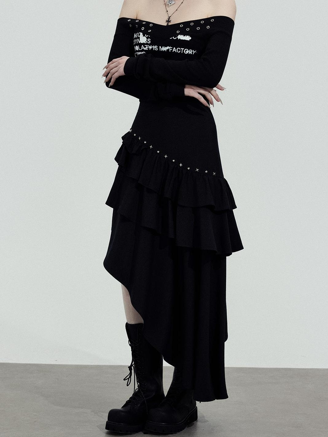 TOOOLAZY Black Asymmetric Slim Fit Mid Waist Women's Other Fabric Maxi Skirts