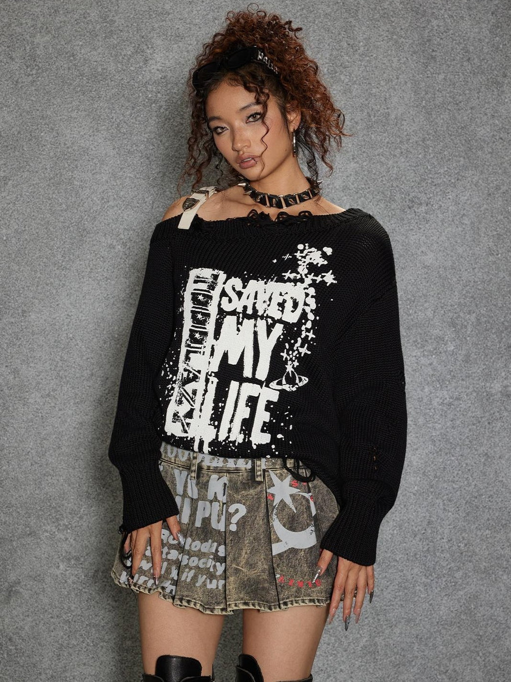 TOOOLAZY Black Asymmetrical Belted Printed Women's Cotton Blend Off-shoulder Sweaters