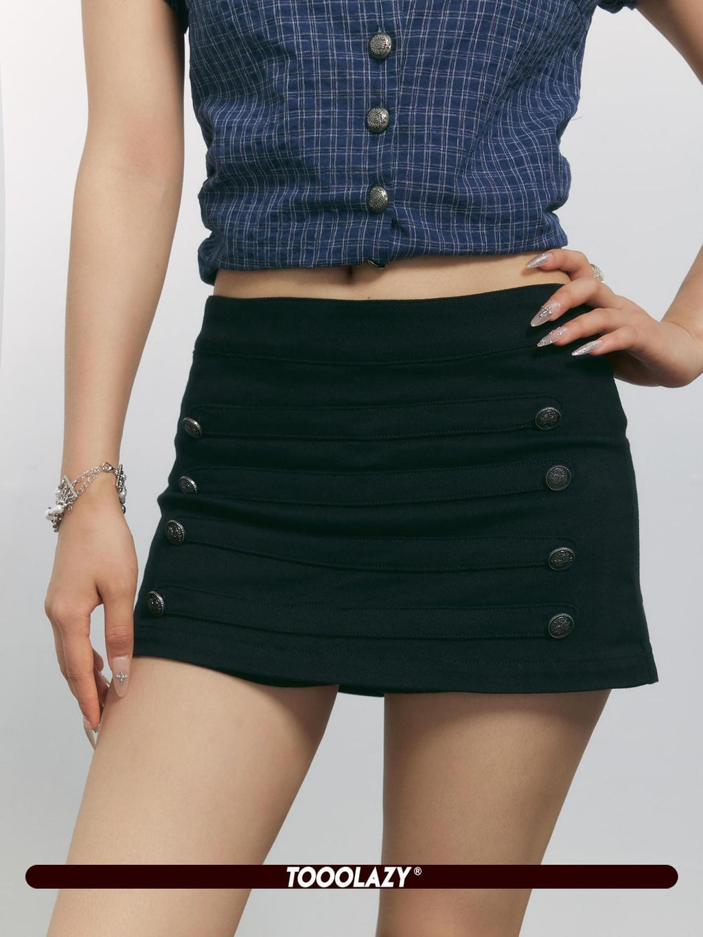 TOOOLAZY Black Double Row Buttons Bodycon Mid Rise Women's Cotton Mini Skirts
