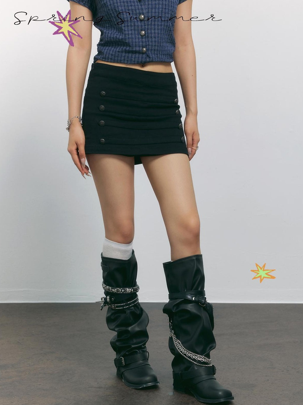 TOOOLAZY Black Double Row Buttons Bodycon Mid Rise Women's Cotton Mini Skirts