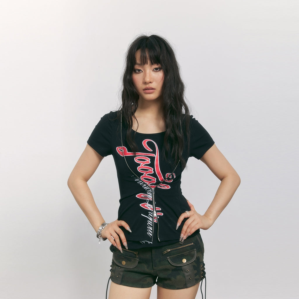 TOOOLAZY_Black_Faux_Layered_Zipper_Letter_Print_Women's_Cotton_Slim_T-shirts_1056000803250_MISSTT