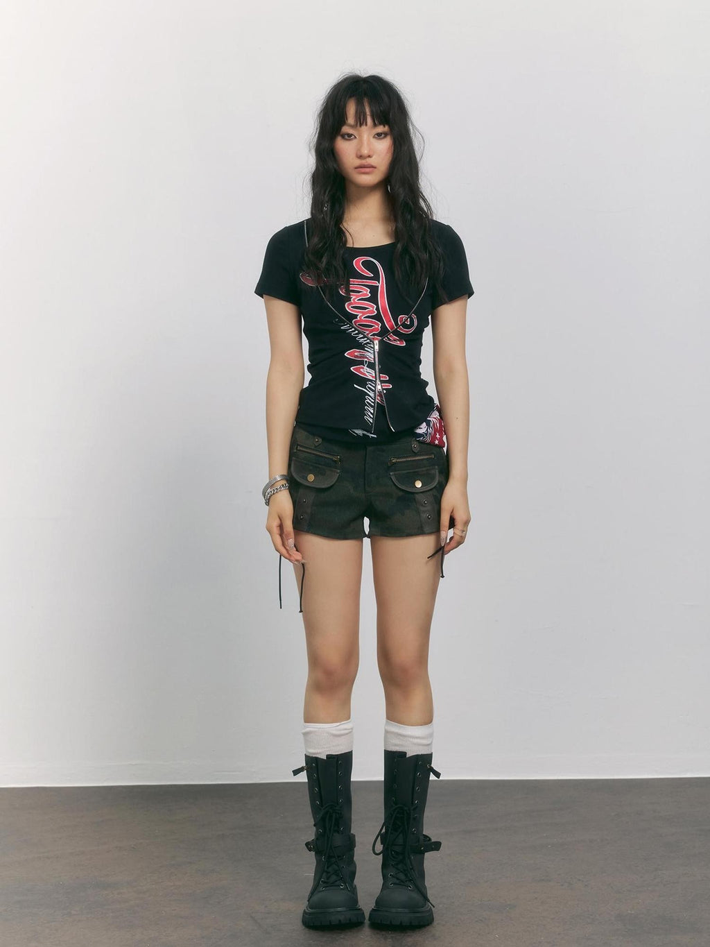 TOOOLAZY Black Faux Layered Zipper Letter Print Women's Cotton Slim T-shirts
