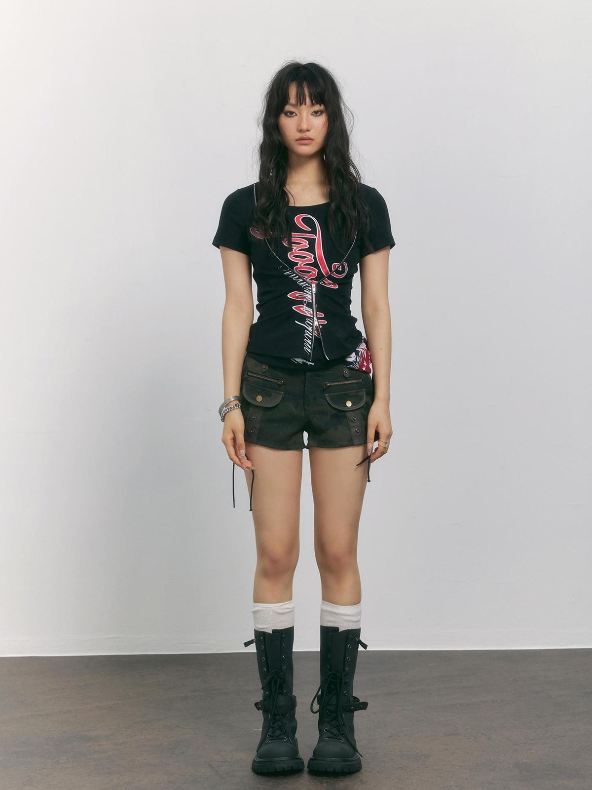 TOOOLAZY Black Faux Layered Zipper Letter Print Women's Cotton Slim T-shirts