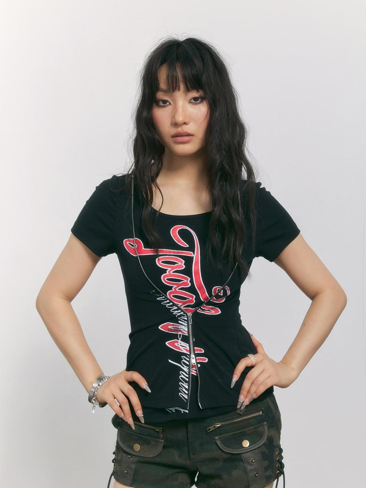 TOOOLAZY Black Faux Layered Zipper Letter Print Women's Cotton Slim T-shirts