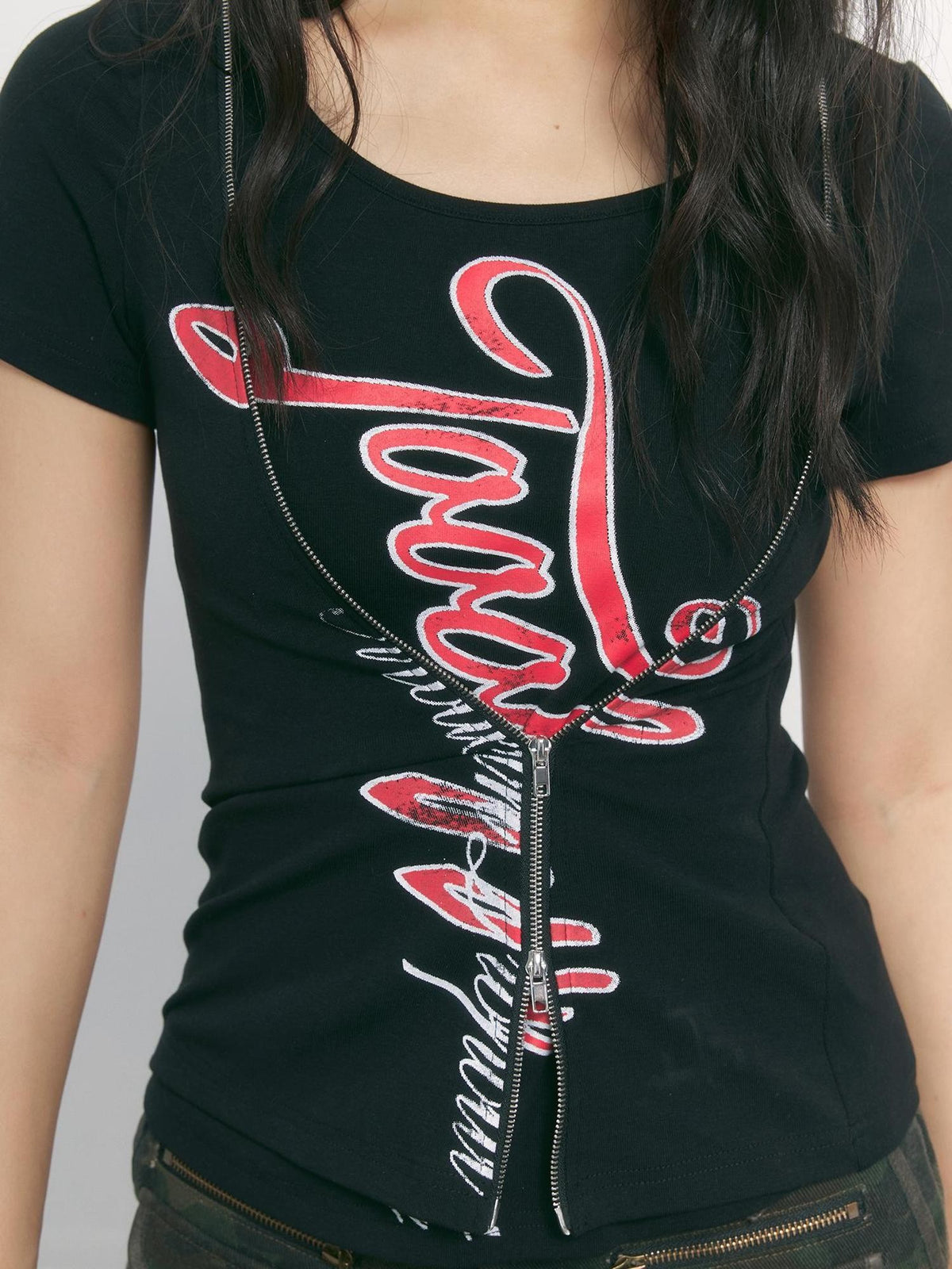TOOOLAZY Black Faux Layered Zipper Letter Print Women's Cotton Slim T-shirts