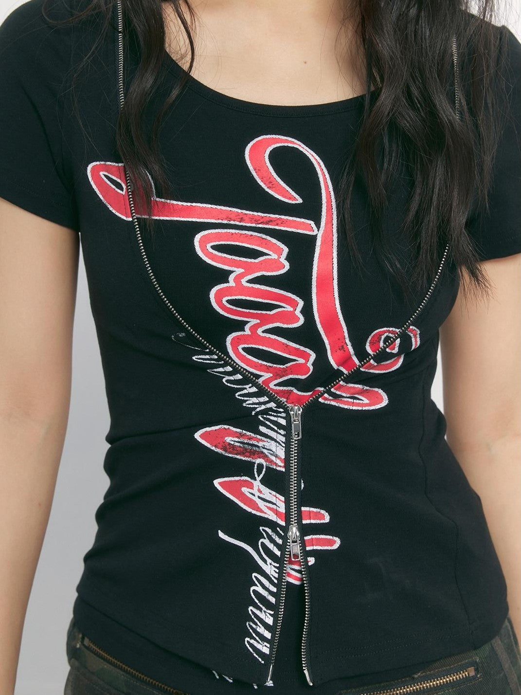 TOOOLAZY Black Faux Layered Zipper Letter Print Women's Cotton Slim T-shirts