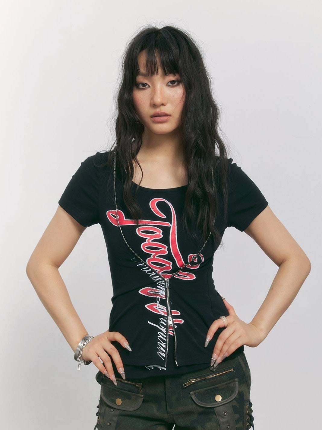 TOOOLAZY Black Faux Layered Zipper Letter Print Women's Cotton Slim T-shirts