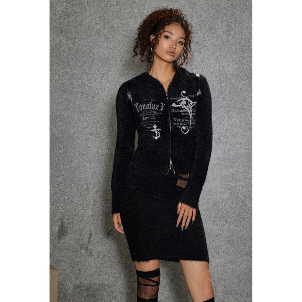 TOOOLAZY_Black_Fuzzy_Belted_Letter_Print_Women's_Plush_Matching_Skirt_Sets_989008662592_MISSTT