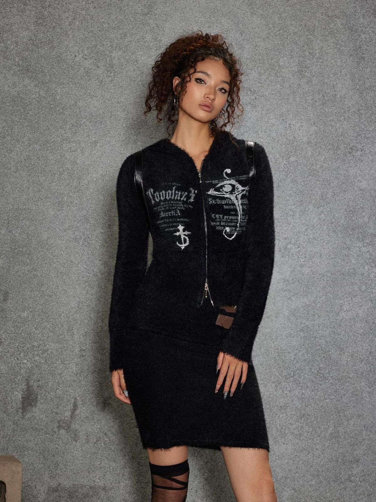 TOOOLAZY Black Fuzzy Belted Letter Print Women's Plush Matching Skirt Sets
