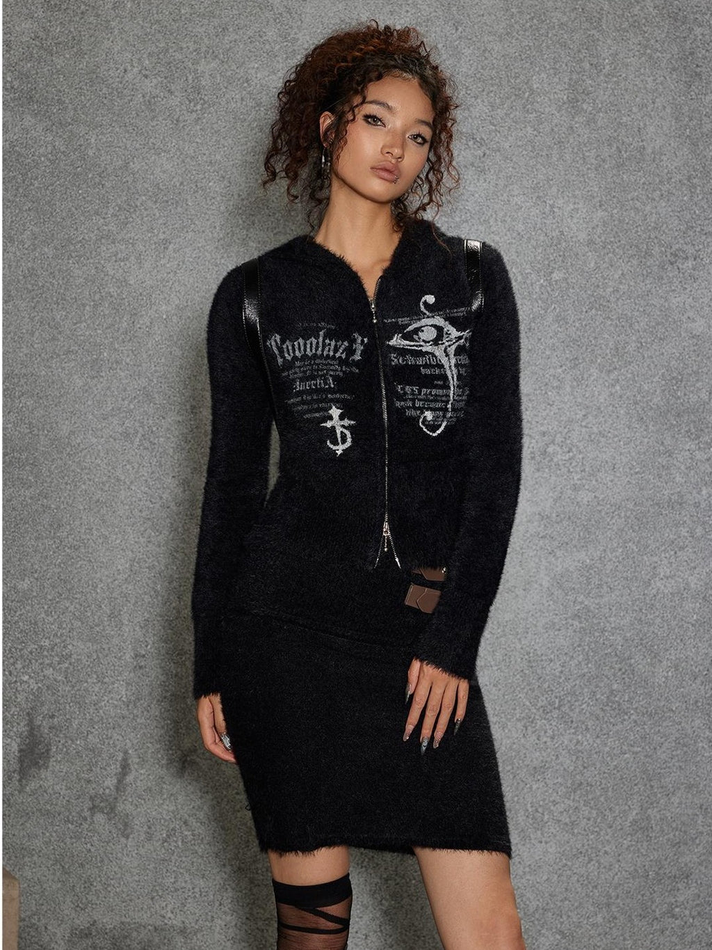 TOOOLAZY Black Fuzzy Belted Letter Print Women's Plush Matching Skirt Sets