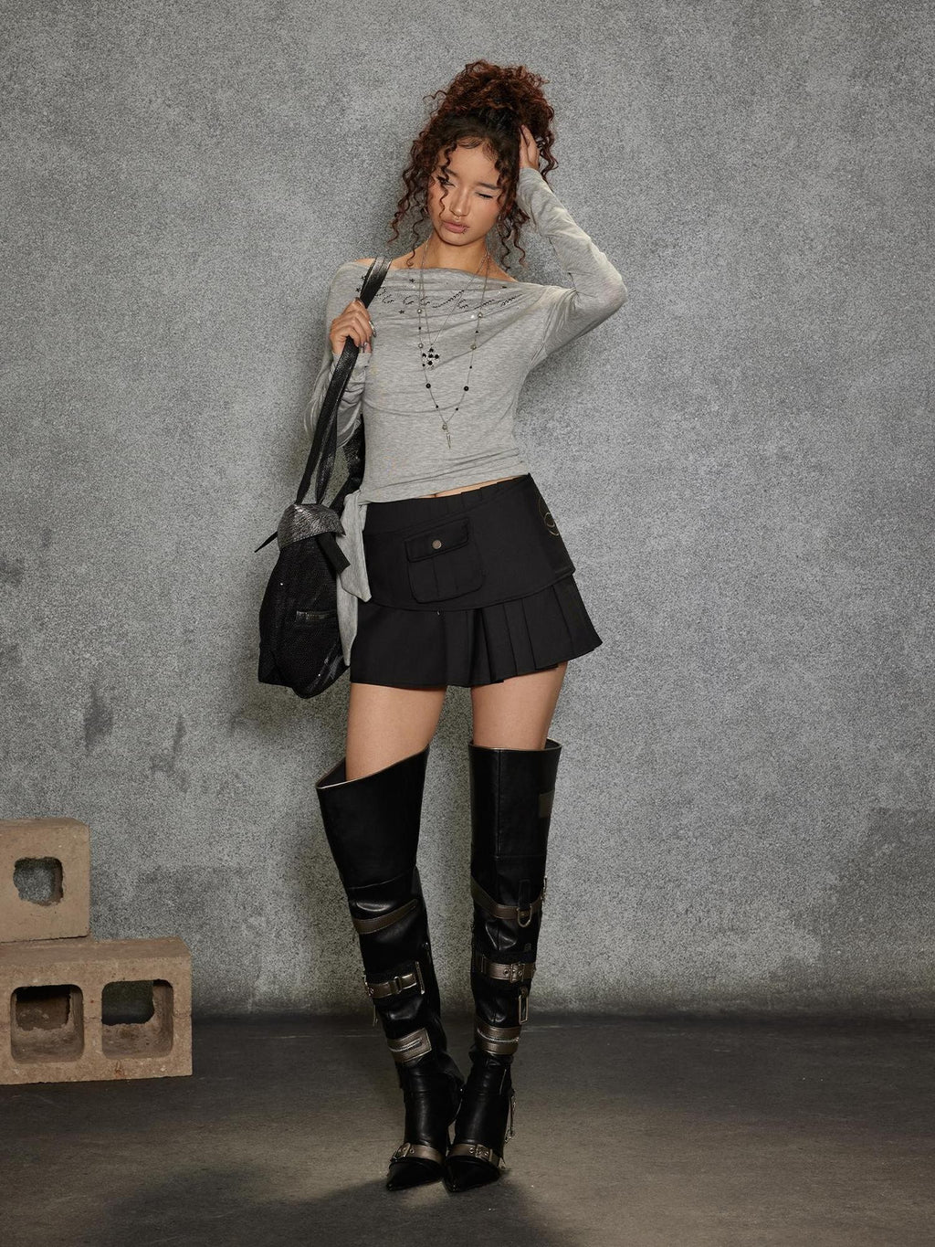 TOOOLAZY Black Gray Pleated Waist Bag Two Piece Slim Petite Women's Polyester Mini Skirts