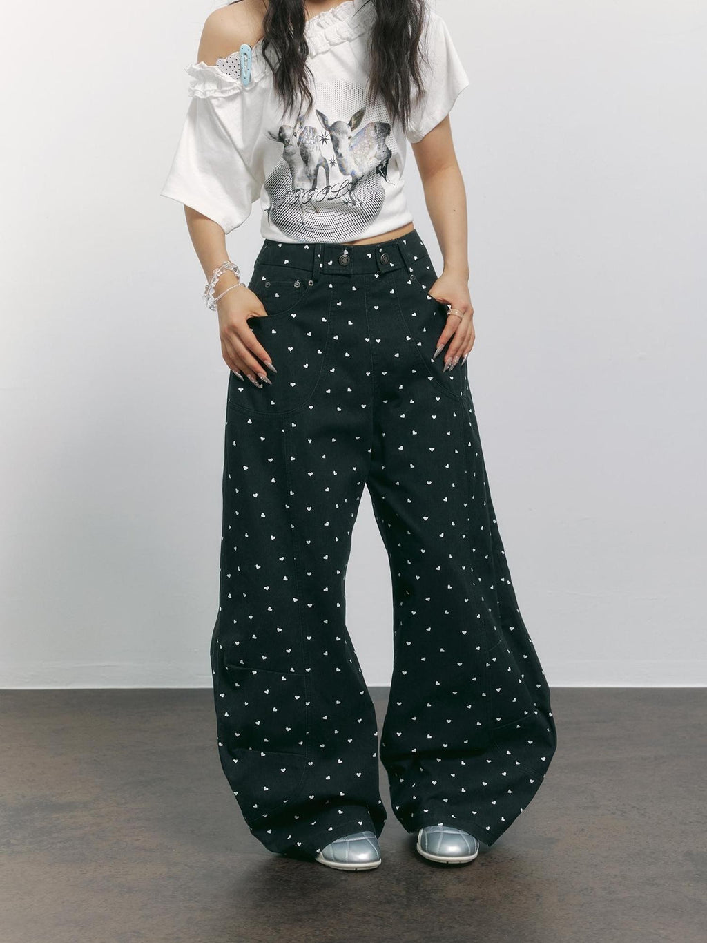 TOOOLAZY Black Heart Print Curved Cut High Waist Women's Cotton Wide-leg Pants
