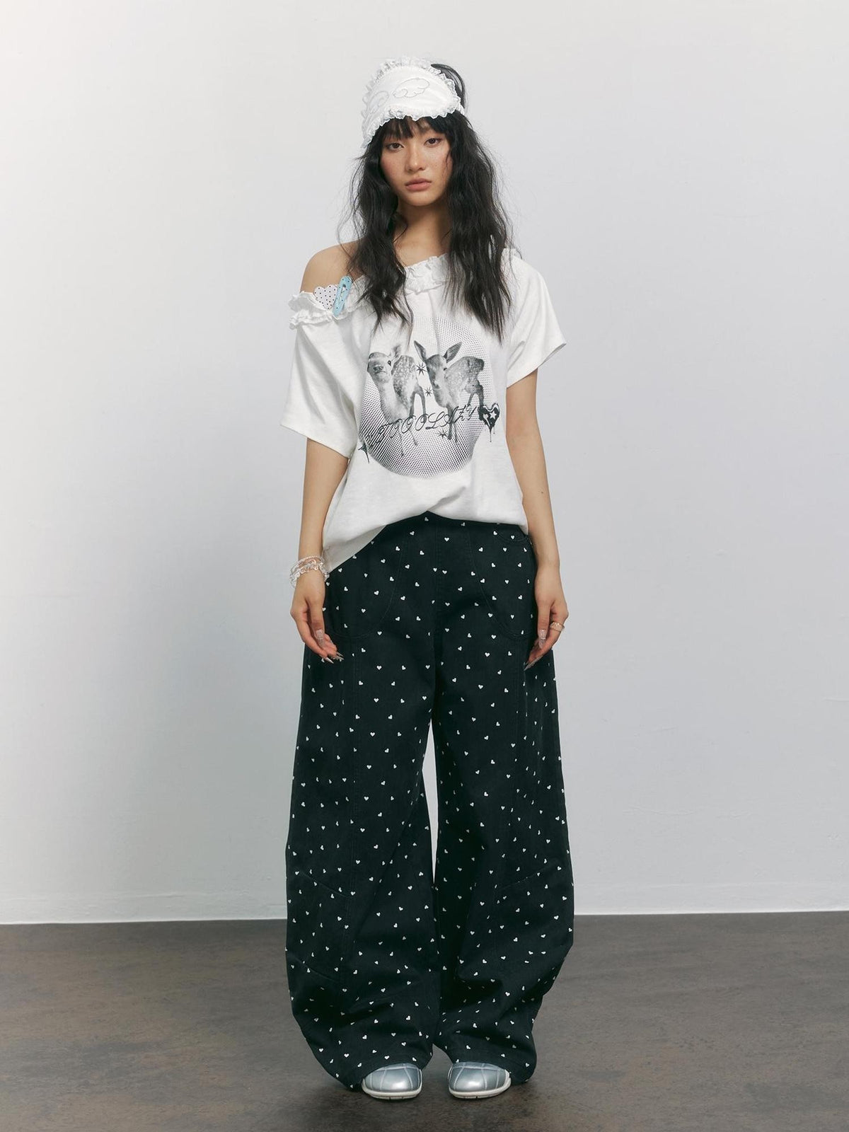 TOOOLAZY Black Heart Print Curved Cut High Waist Women's Cotton Wide-leg Pants