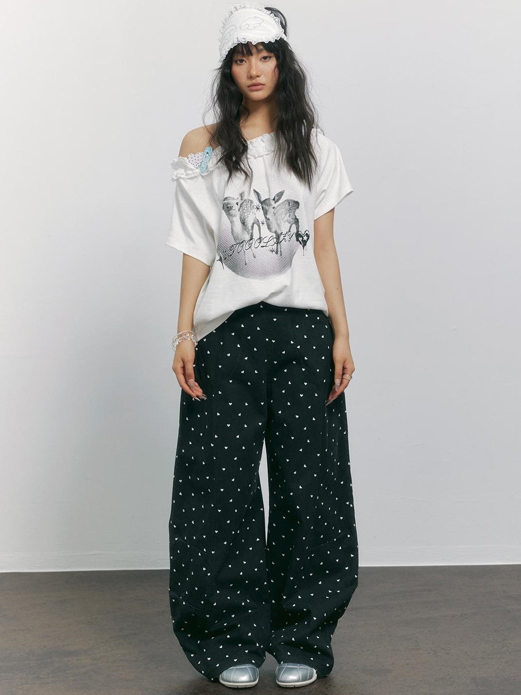 TOOOLAZY Black Heart Print Curved Cut High Waist Women's Cotton Wide-leg Pants