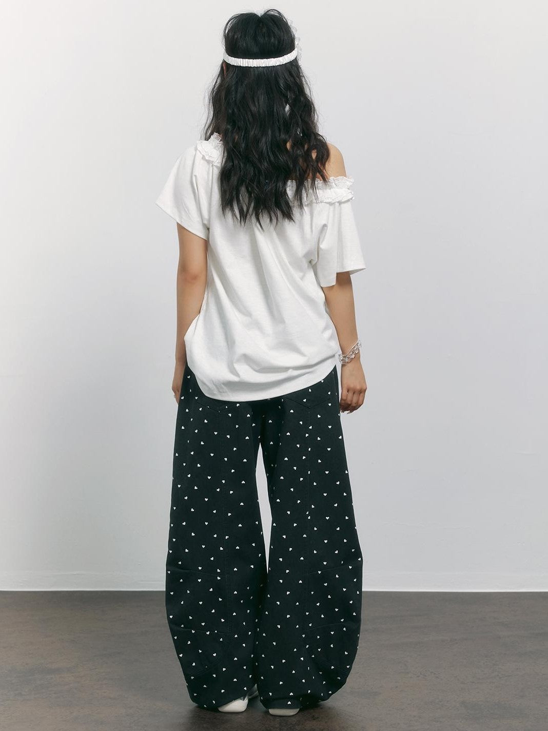 TOOOLAZY Black Heart Print Curved Cut High Waist Women's Cotton Wide-leg Pants