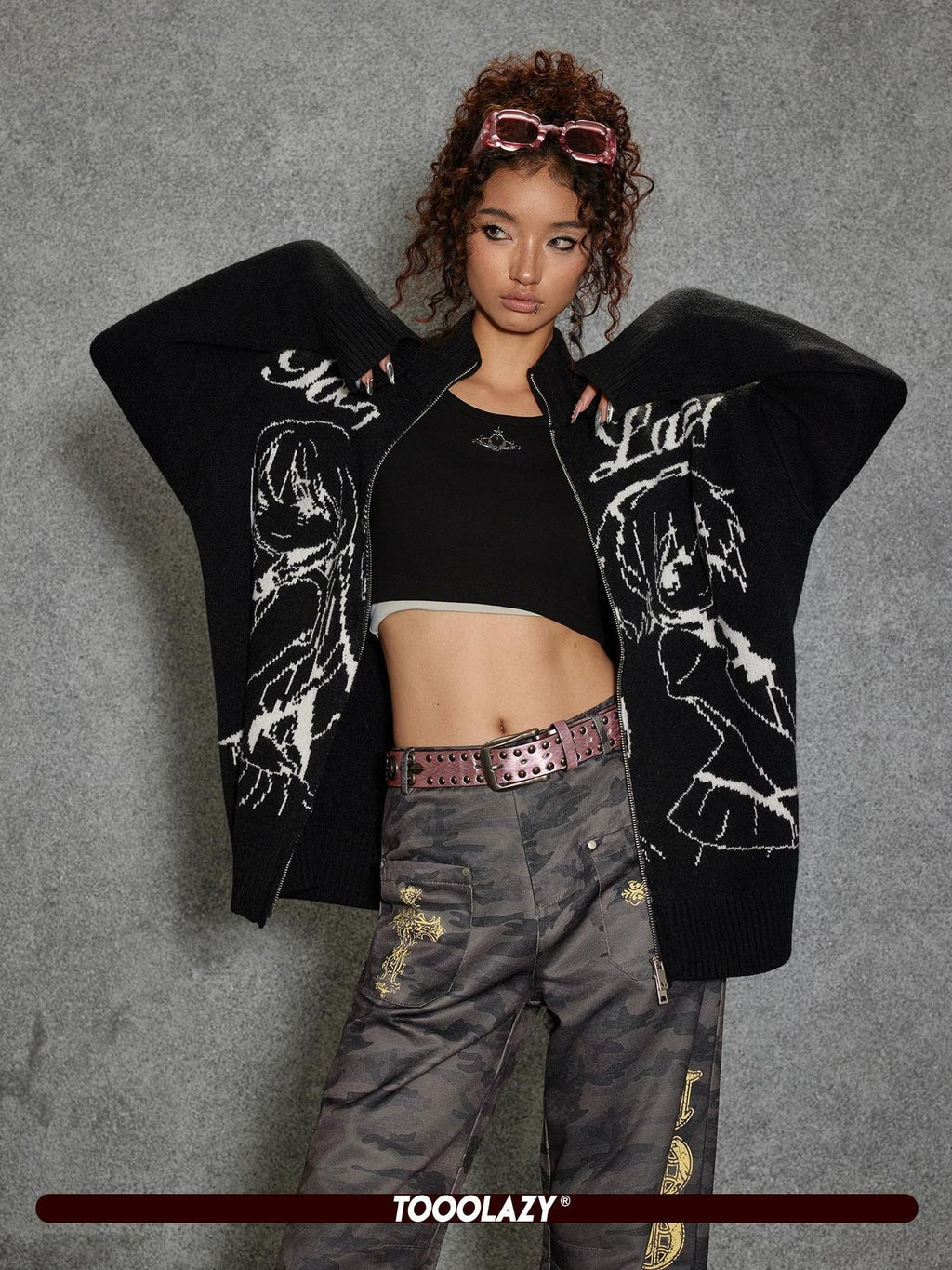 TOOOLAZY Black Logo Cartoon Zip Half Turtleneck Chunky Women's Viscose Blend Cardigans