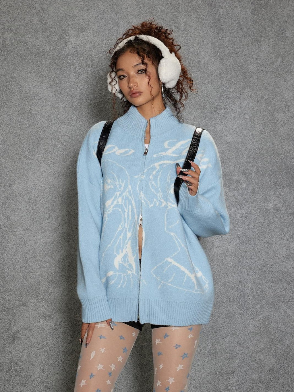 TOOOLAZY Black Logo Cartoon Zip Half Turtleneck Chunky Women's Viscose Blend Cardigans