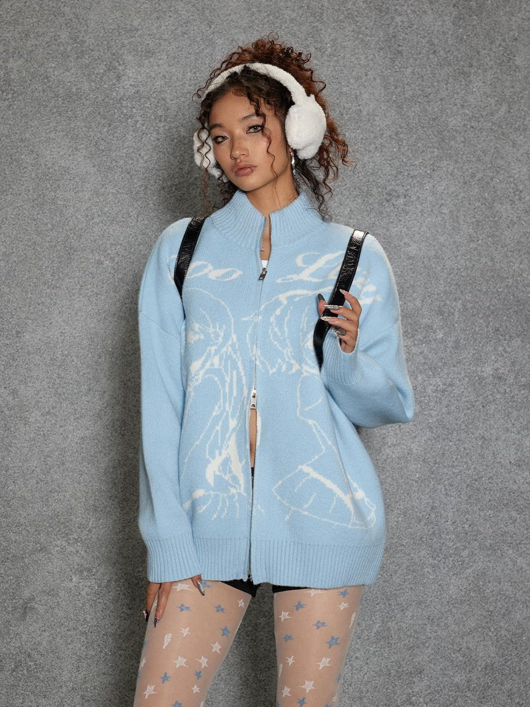 TOOOLAZY Black Logo Cartoon Zip Half Turtleneck Chunky Women's Viscose Blend Cardigans