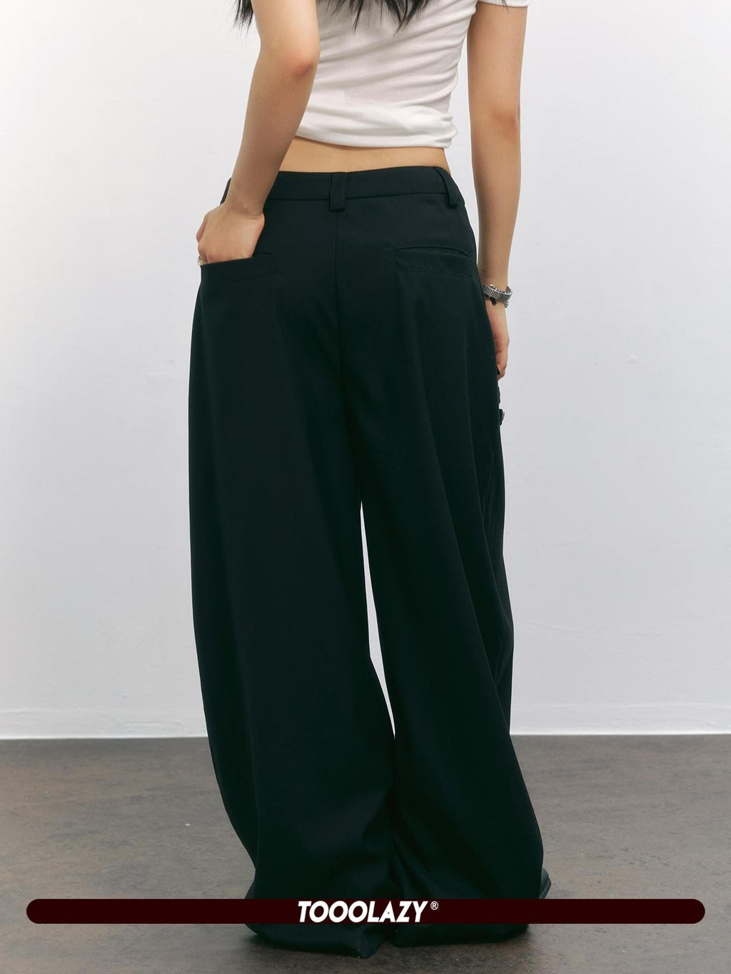 TOOOLAZY Black Napoleon Button Low Waist Curved Cut Women's Polyester Wide-leg Pants
