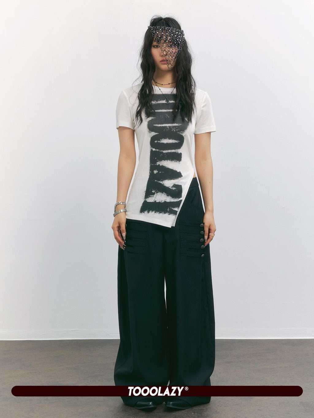 TOOOLAZY Black Napoleon Button Low Waist Curved Cut Women's Polyester Wide-leg Pants