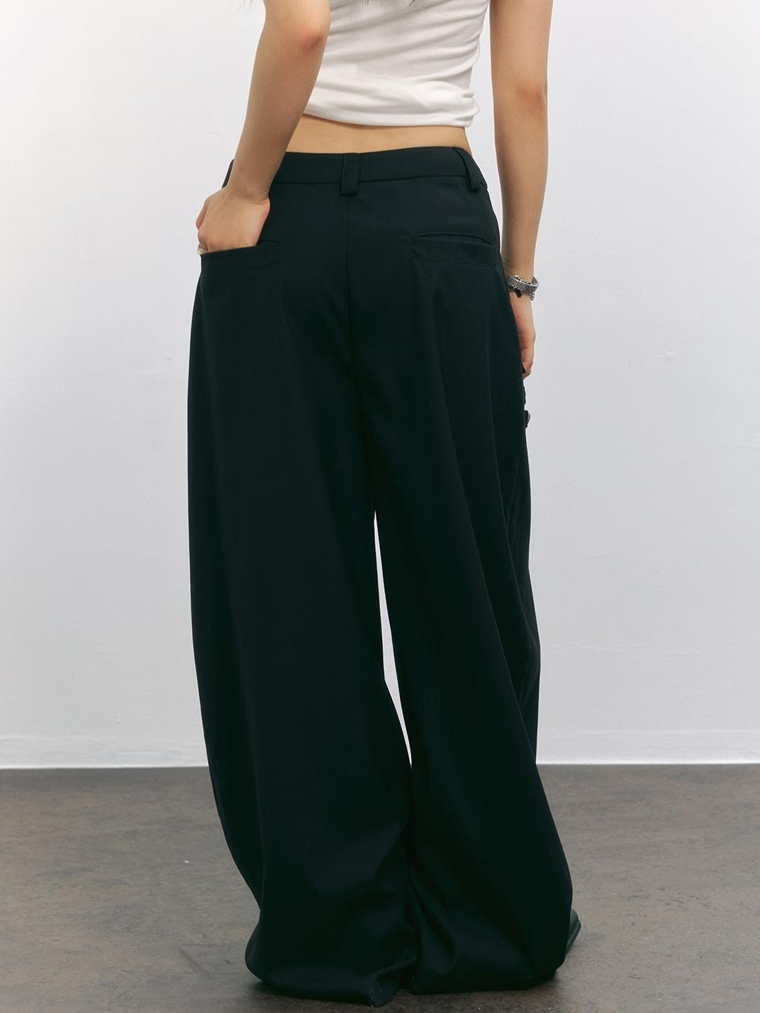 TOOOLAZY Black Napoleon Button Low Waist Curved Cut Women's Polyester Wide-leg Pants
