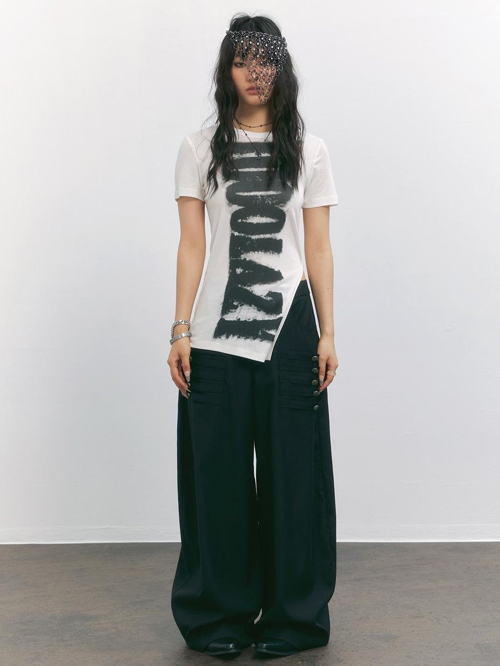 TOOOLAZY Black Napoleon Button Low Waist Curved Cut Women's Polyester Wide-leg Pants