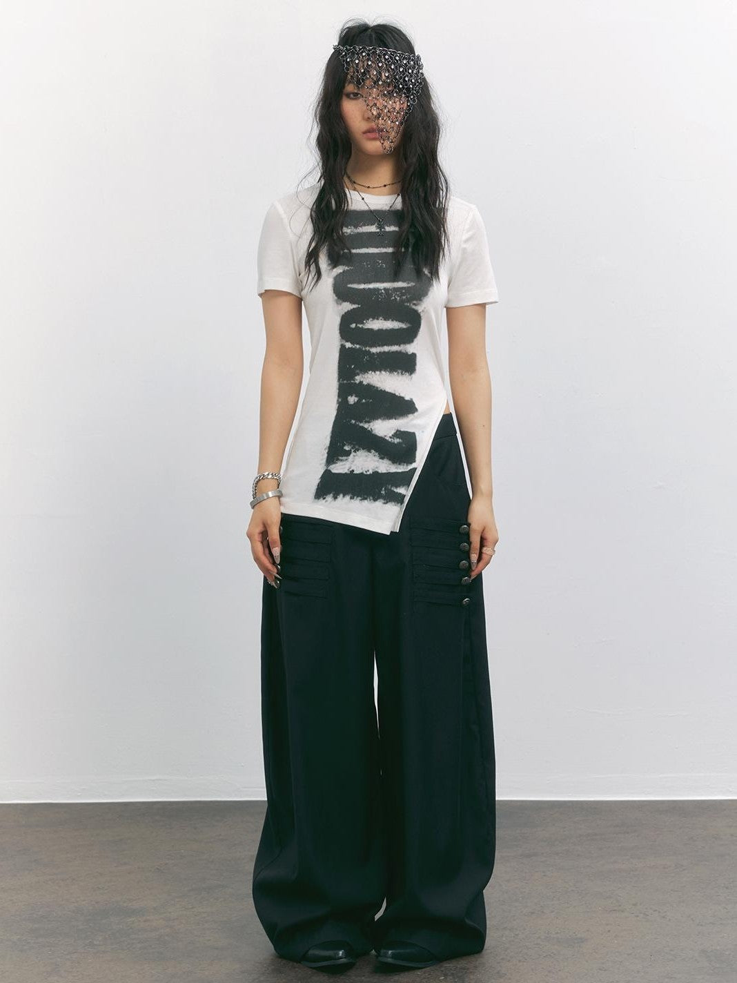 TOOOLAZY Black Napoleon Button Low Waist Curved Cut Women's Polyester Wide-leg Pants