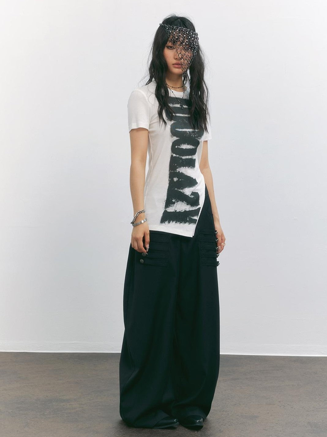 TOOOLAZY Black Napoleon Button Low Waist Curved Cut Women's Polyester Wide-leg Pants