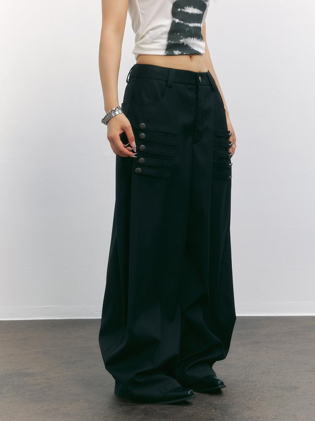 TOOOLAZY Black Napoleon Button Low Waist Curved Cut Women's Polyester Wide-leg Pants